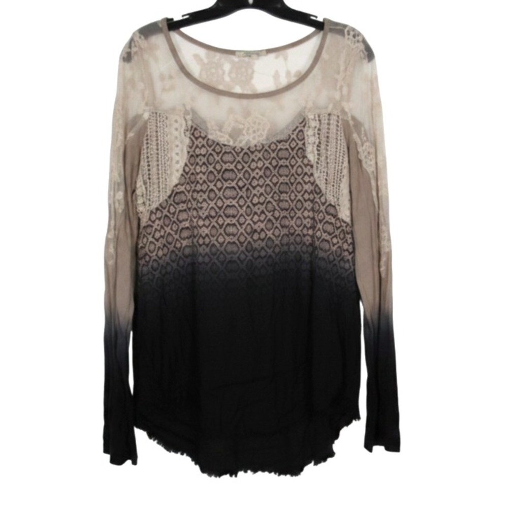 GIMMICKS BKE Tan/Black MESH EMBROIDERED BUST Twill FRAYED HEM Blouse/Tunic Top L